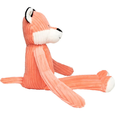 Coralfarbener kordstoff fuchs kuscheltier mit weißen akzenten aus dem waldtier-duo von minifeet lanky legends