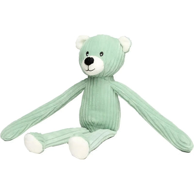 Ein mintgrüner cord teddy bär mit weißen ohren, nase und pfoten aus dem waldtier-duo mini feet lanky legends set