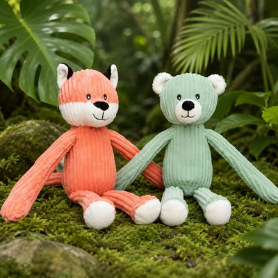 Corduroy fuchs und bär plüschtiere im waldtier-duo set von minifeet in koralle und mintgrün mit weißen akzenten