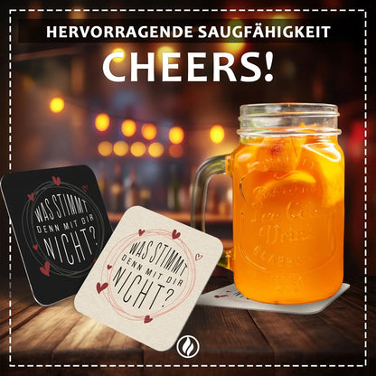 ’Was stimmt denn mit dir nicht?’ Bierdeckel - 50 Stück - Witziges Design Herzen