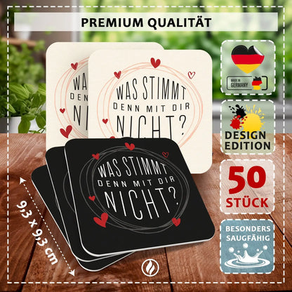 ’Was stimmt denn mit dir nicht?’ Bierdeckel - 50 Stück - Witziges Design Herzen