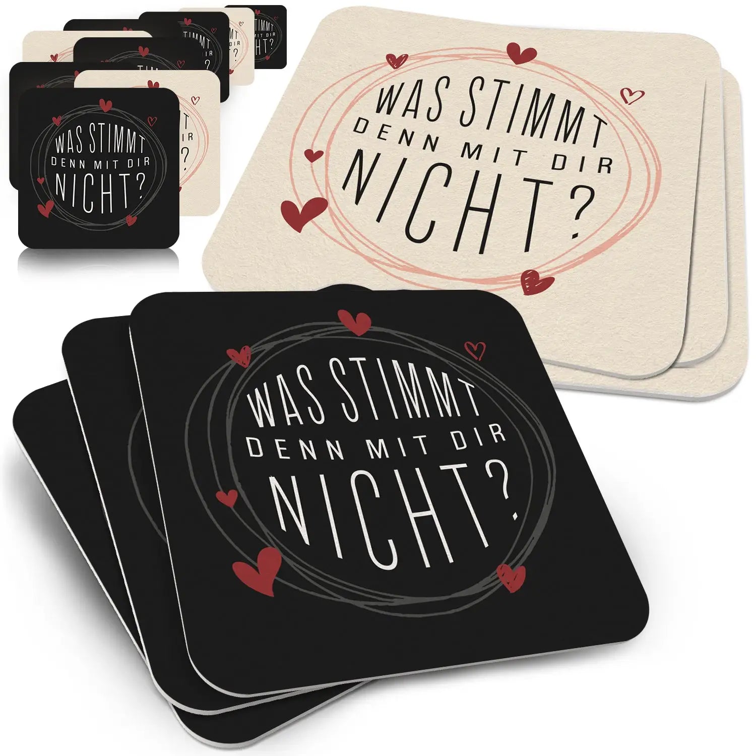 ’Was stimmt denn mit dir nicht?’ Bierdeckel - 50 Stück - Witziges Design Herzen