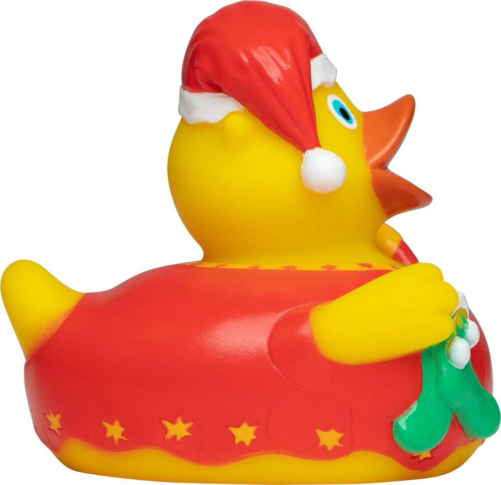 Gelbe quietsche-ente mit rotem weihnachtsmütze und grünem weihnachtsstrumpf fürs bad spaß zu weihnachten