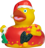 Weihnachten x-mas quietsche-ente gelbe badeente mit rotem weihnachtsmützchen goldenen sternen und zuckerstangen