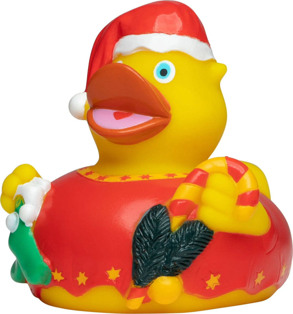 Weihnachten x-mas quietsche-ente gelbe badeente mit rotem weihnachtsmützchen goldenen sternen und zuckerstangen