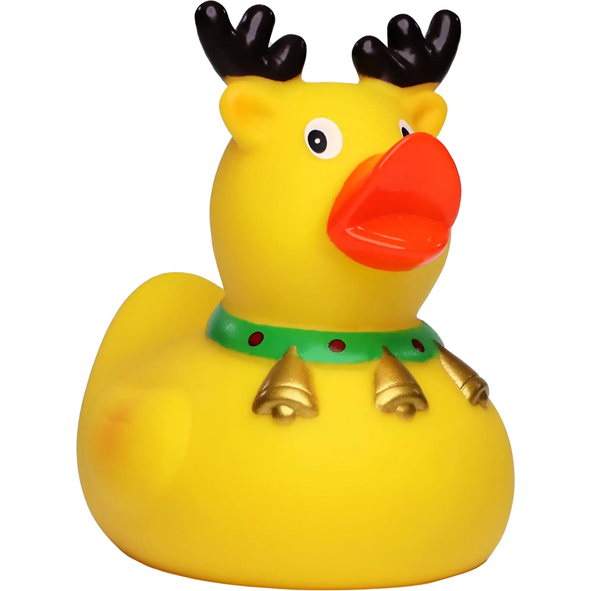 Gelbe badeente mit schwarzen geweihhörnern rotem schnabel und goldenen glocken weihnachts-elch quietsche-ente