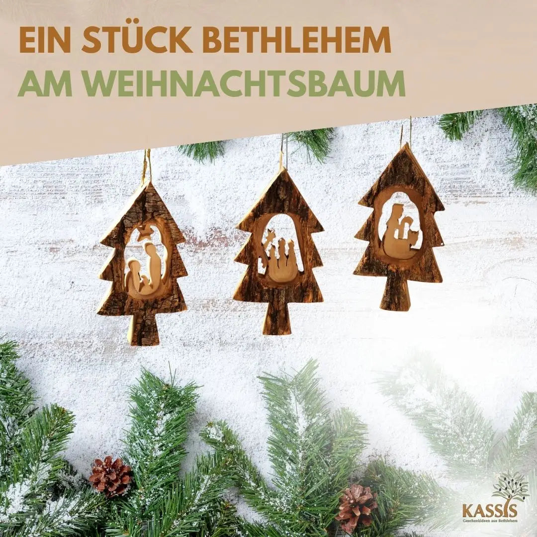 Weihnachtsdeko Baumschmuck Krippe im Tannenbaum mit Rinde 3er Set - Weihnachtsdeko