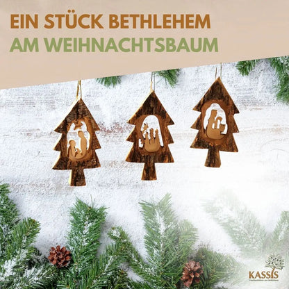 Weihnachtsdeko Baumschmuck Krippe im Tannenbaum mit Rinde 3er Set - Weihnachtsdeko