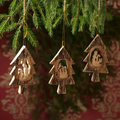 Weihnachtsdeko Baumschmuck Krippe im Tannenbaum mit Rinde 3er Set - Weihnachtsdeko