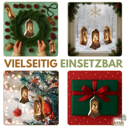Weihnachtsdeko Baumschmuck Krippe in Glocke mit Rinde 3er Set - Weihnachtsdeko