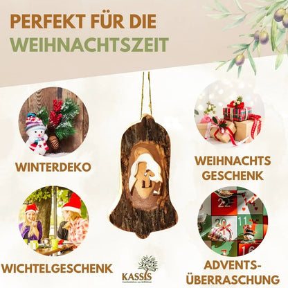 Weihnachtsdeko Baumschmuck Krippe in Glocke mit Rinde 3er Set - Weihnachtsdeko