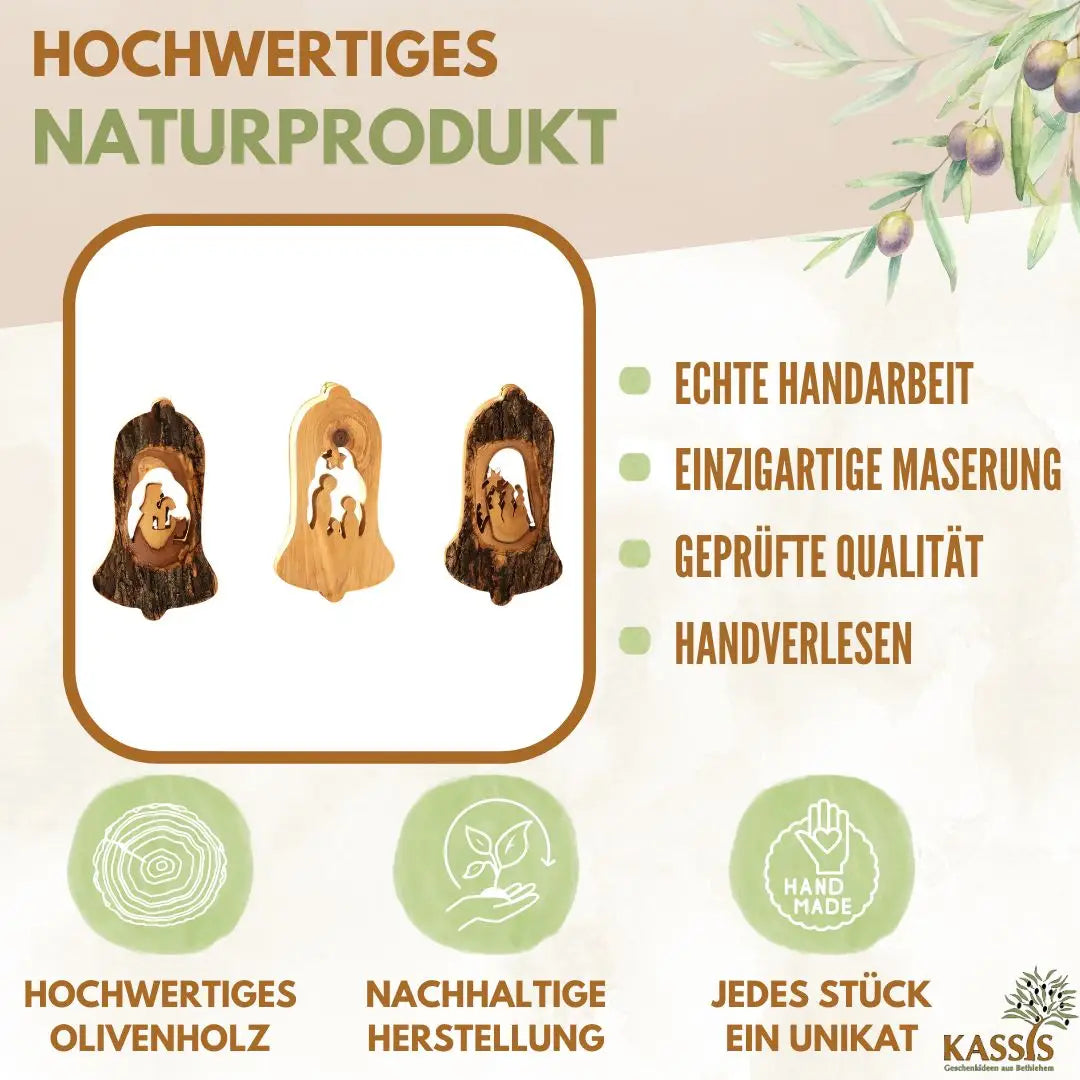 Weihnachtsdeko Baumschmuck Krippe in Glocke mit Rinde 3er Set - Weihnachtsdeko