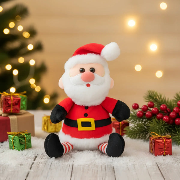 Weihnachtsmann jingle plüschspielzeug in rot und weiß mit schwarzen handschuhen und gestreiften socken zum nachplappern