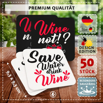 Wein Bierdeckel ’Wine Not’ & ’Save Water Drink Wine’ - 50er Set