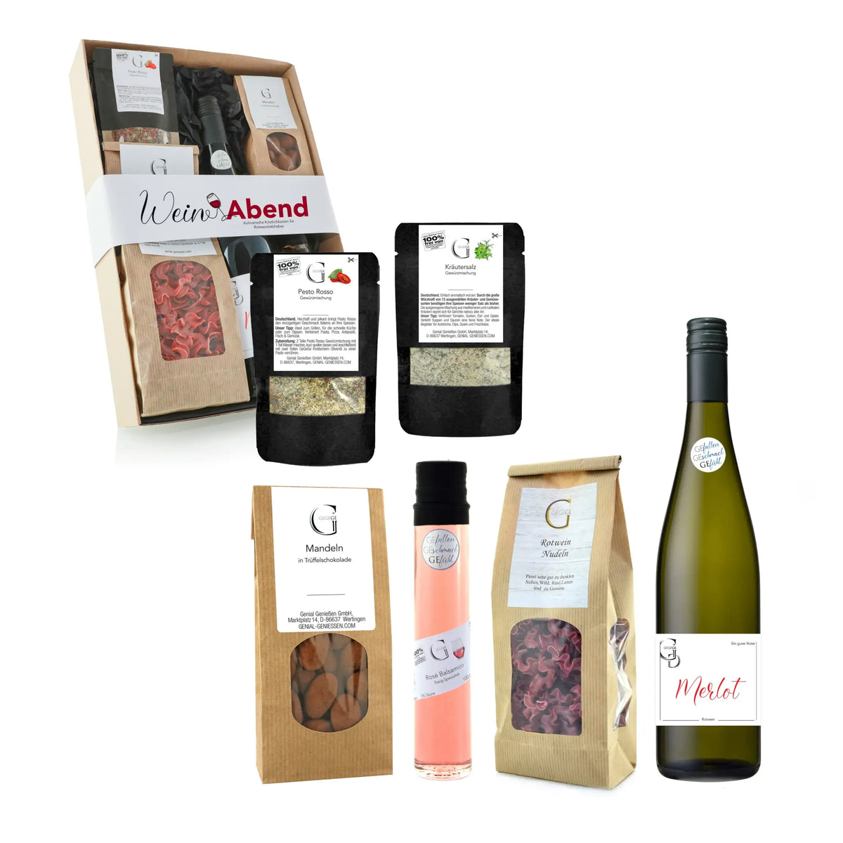Grüne glasflasche merlot rotwein mit schwarzem folienverschluss und weißem etikett mit roter schrift im weinabend geschenkset
