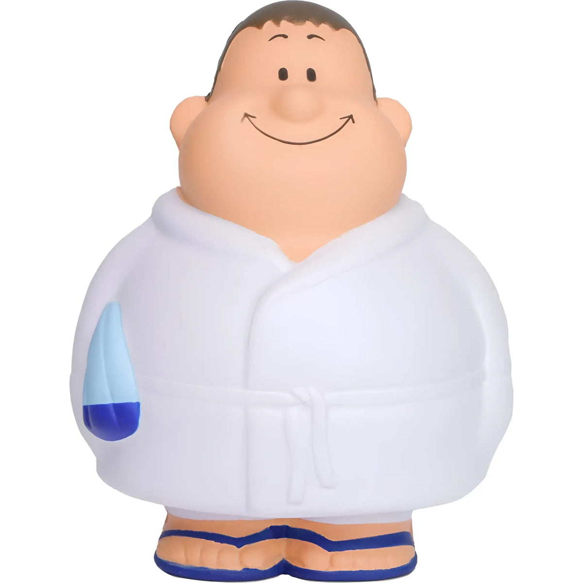 Wellness bert® antistress-figur zeigt fröhliche mollige cartoonfigur in weißem bademantel mit blauen sandalen und wassertröpfchen