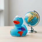 Blaue gummiente welt mit weißer haartolle und bunten kontinente für badezeit und kinderspaß
