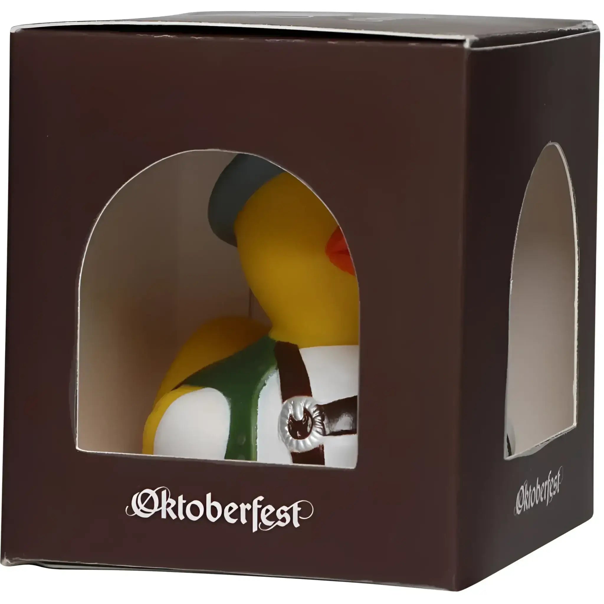 Gelbe badeente mit grüner und weißer oktoberfest-tracht und dunkler mütze mit silberner schnalle von schnabels