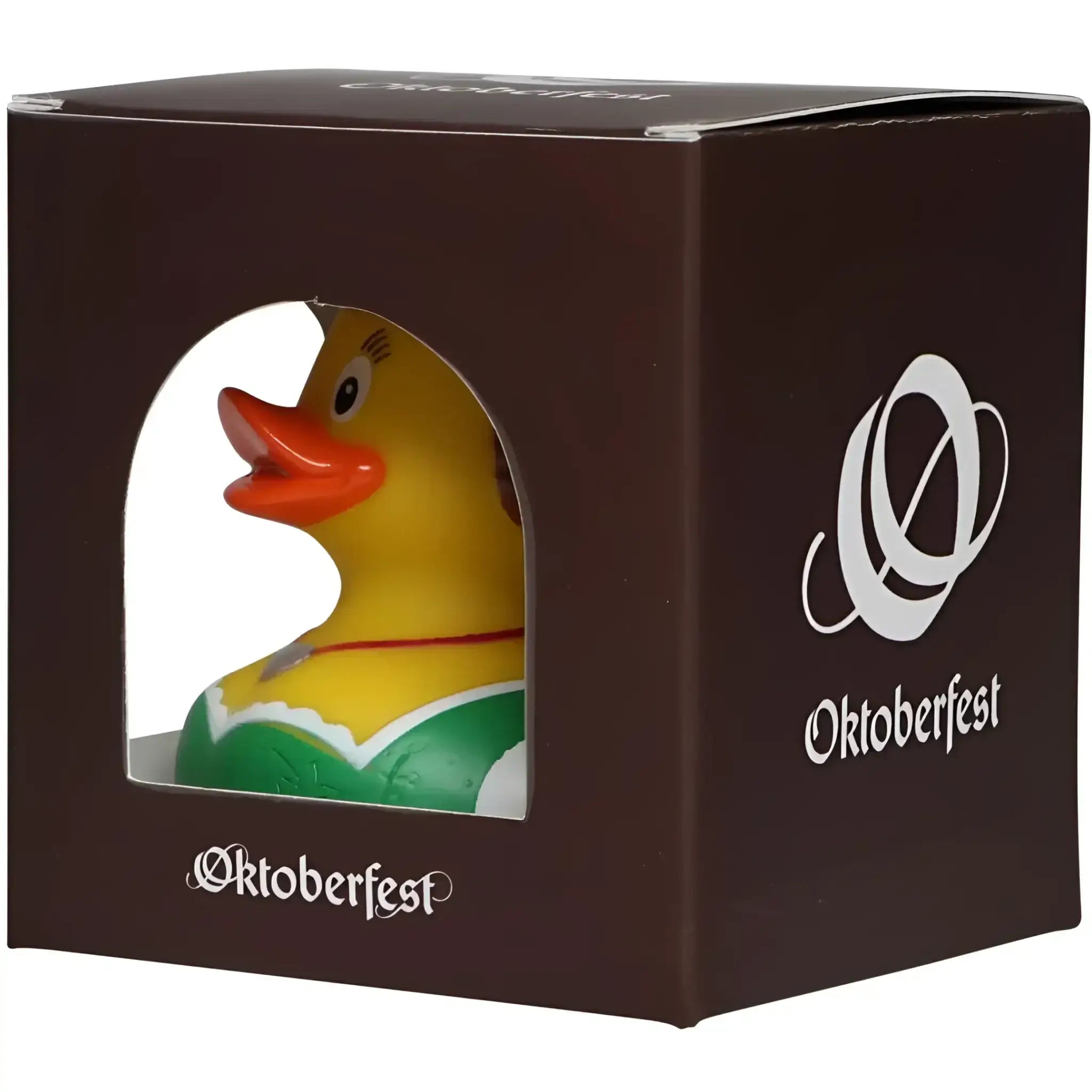 Gelbe gummiente mit orangefarbenem schnabel, grünem dirndl und rotem band, wiesn-enten-duo von schnabels