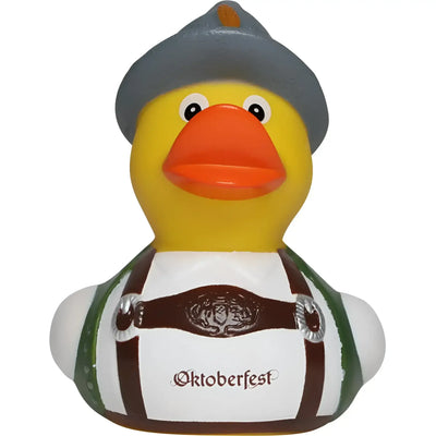 Gelbe gummiente mit oktoberfest aufdruck trägt grauen hut grüne weiße hosenträger und braunen gürtel im wiesn-enten-duo set von schnabels
