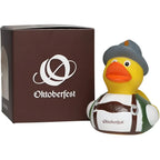 Gelbe badeente mit grauem hut und grün-weißem oktoberfest-motiv apron im wiesn-enten-duo set von schnabels