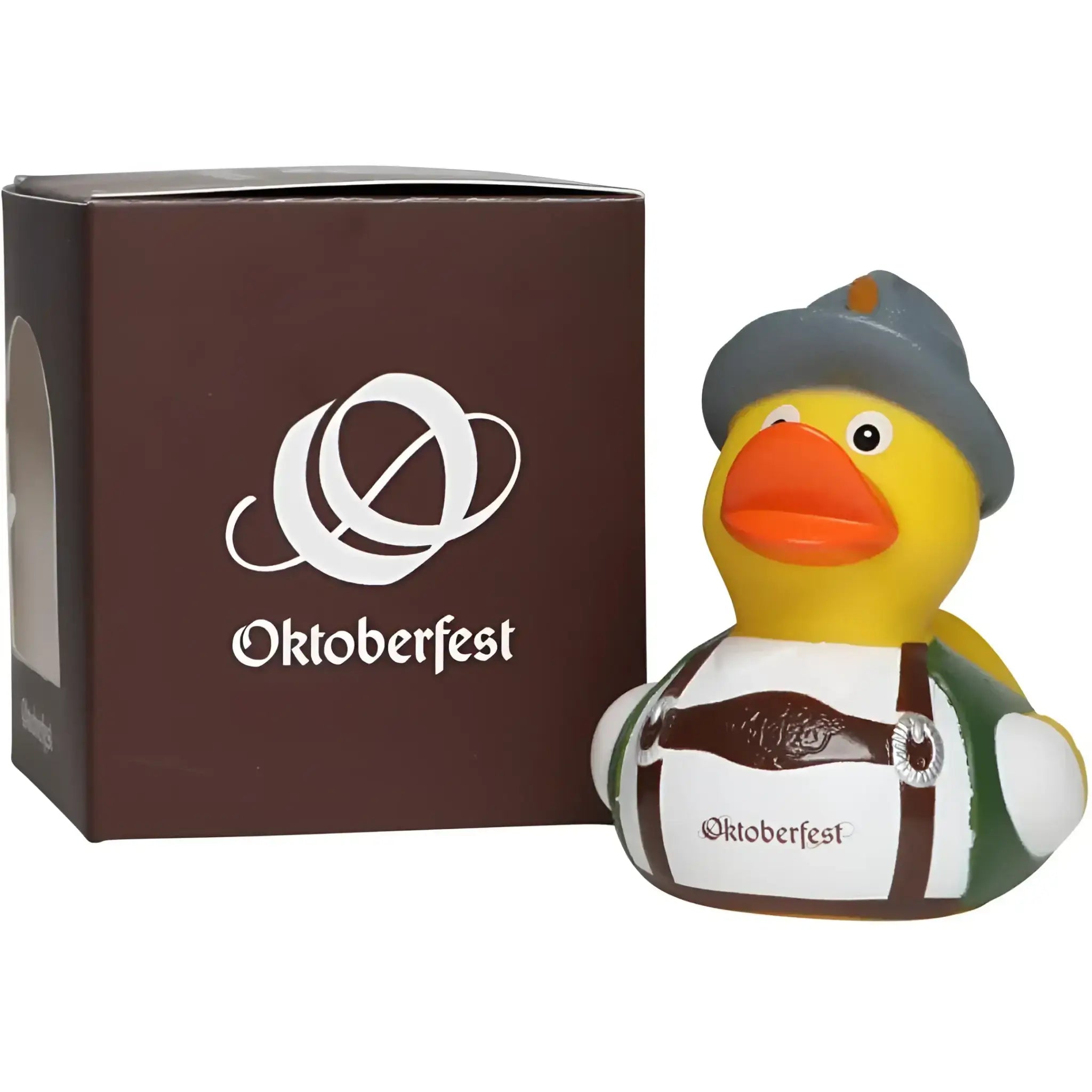 Gelbe badeente mit grauem hut und grün-weißem oktoberfest-motiv apron im wiesn-enten-duo set von schnabels