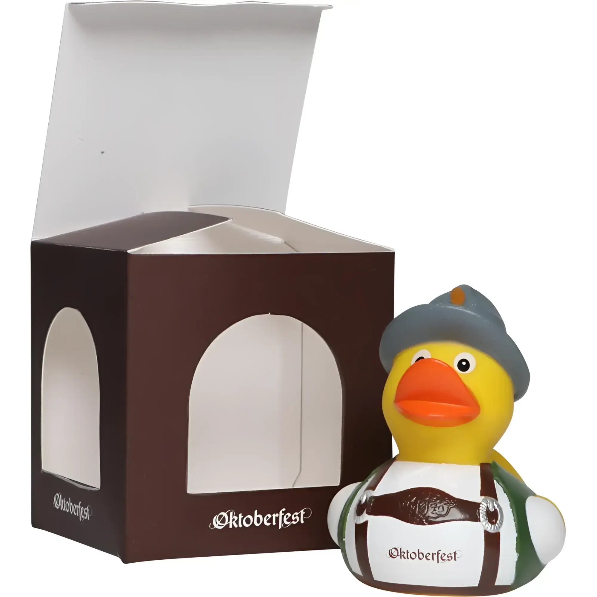 Gelbe badeente mit grauem hut und grüner weiße lederhose mit oktoberfest-logo von schnabels
