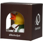 Gelbe badeente im wiesn tracht outfit mit grünen und weißen akzenten von schnabels im set