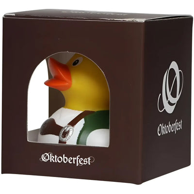 Gelbe badeente im wiesn tracht outfit mit grünen und weißen akzenten von schnabels im set