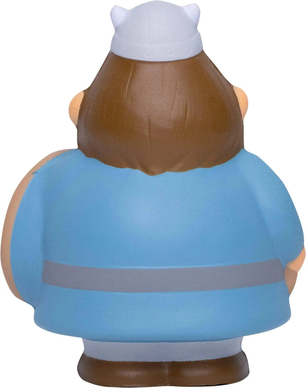Blaue plastikfigur wikinger bert mit braunen haaren, weißem hut und hellblauer jacke gegen stress quetschbar