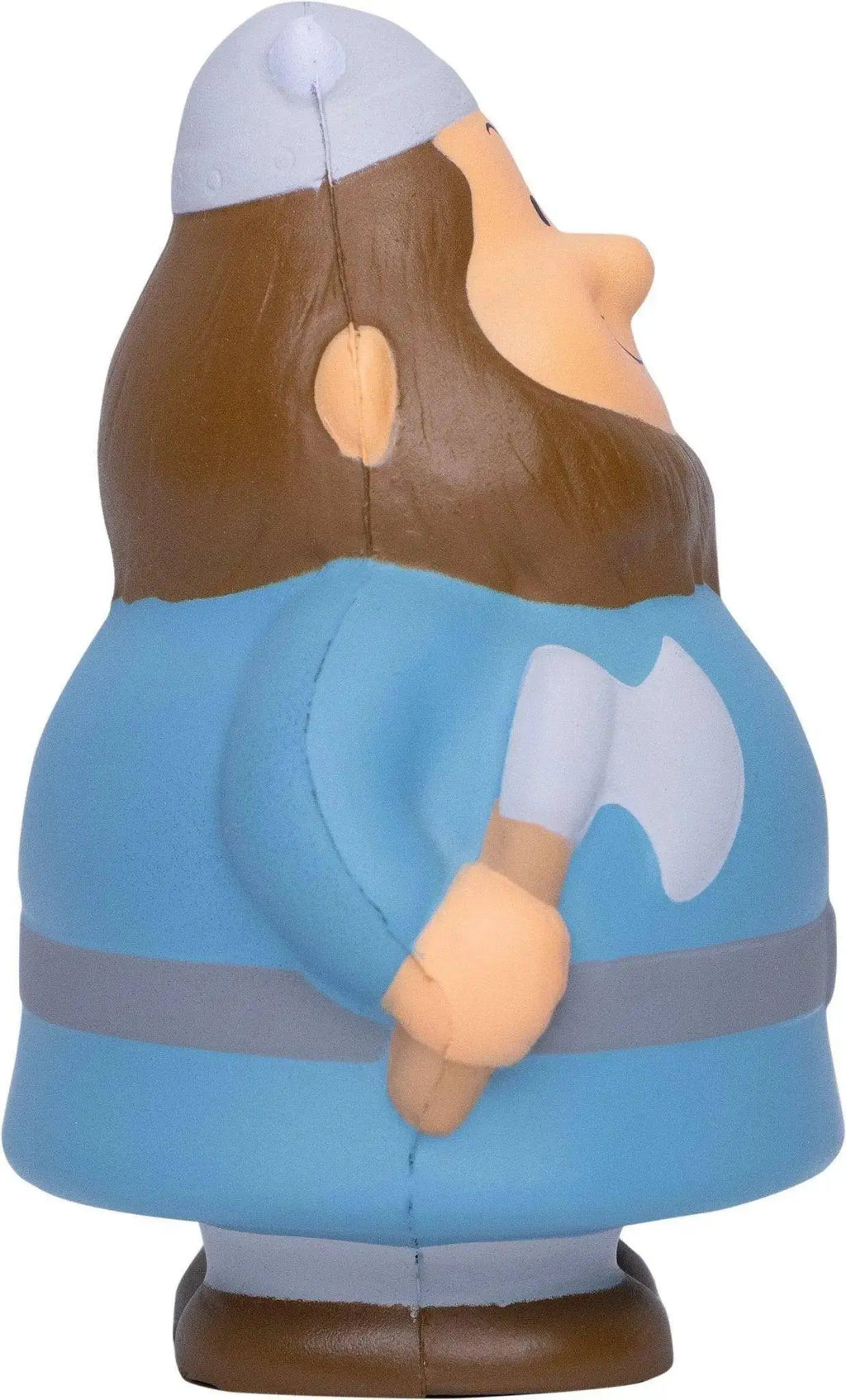 Die rückseite vom wikinger bert anti-stress-quetsch-figur stressball in blau und braun mit weißem axt emblem