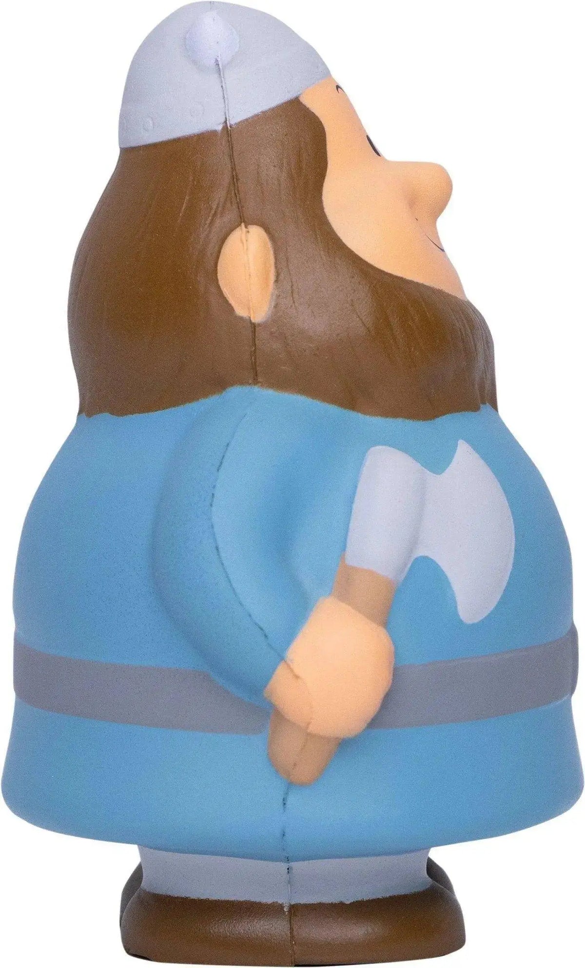 Die rückseite vom wikinger bert anti-stress-quetsch-figur stressball in blau und braun mit weißem axt emblem