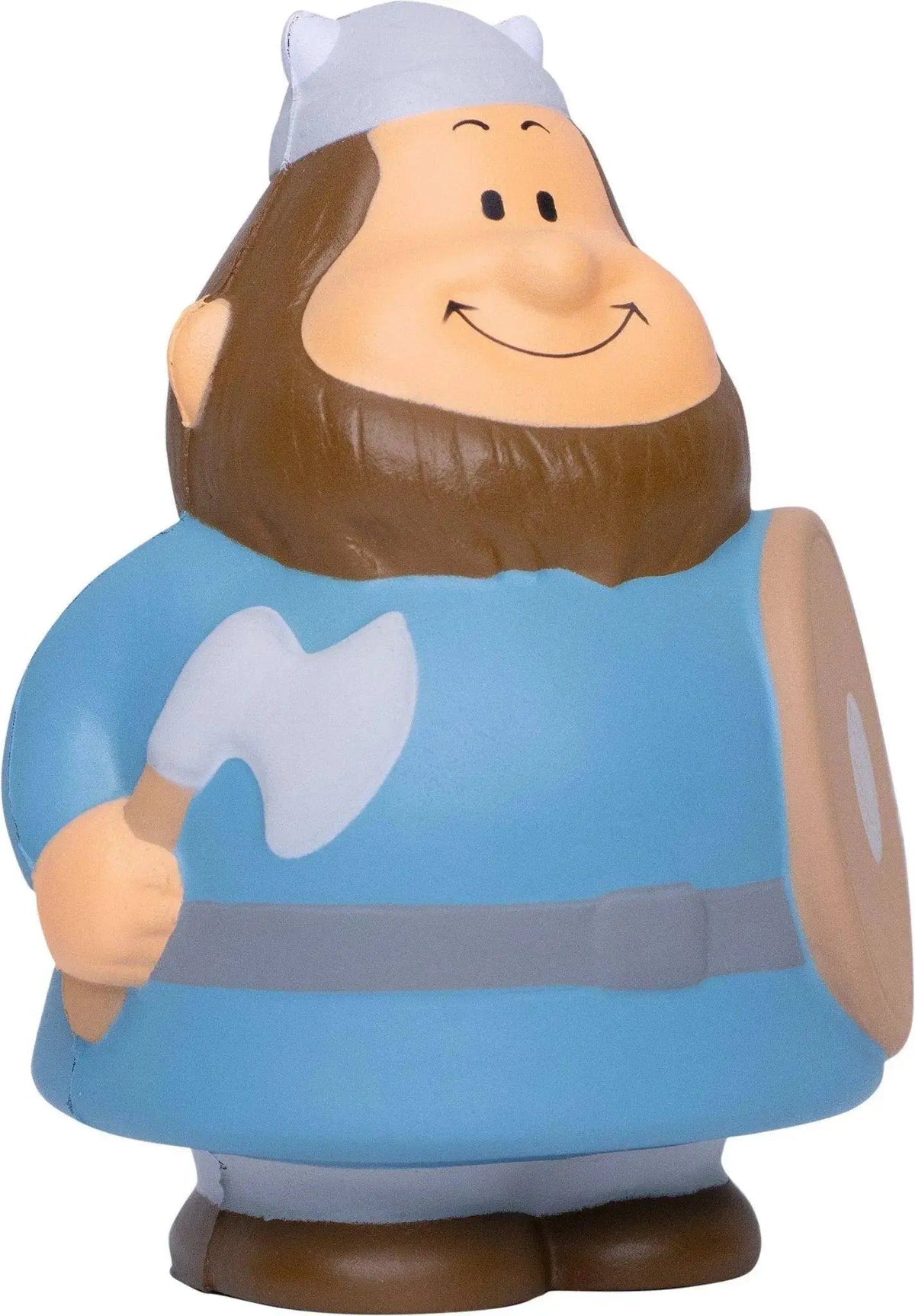 Blauer plastik wikinger bert anti-stress-quetsch-figur mit braunem bart und weißer axt und schild