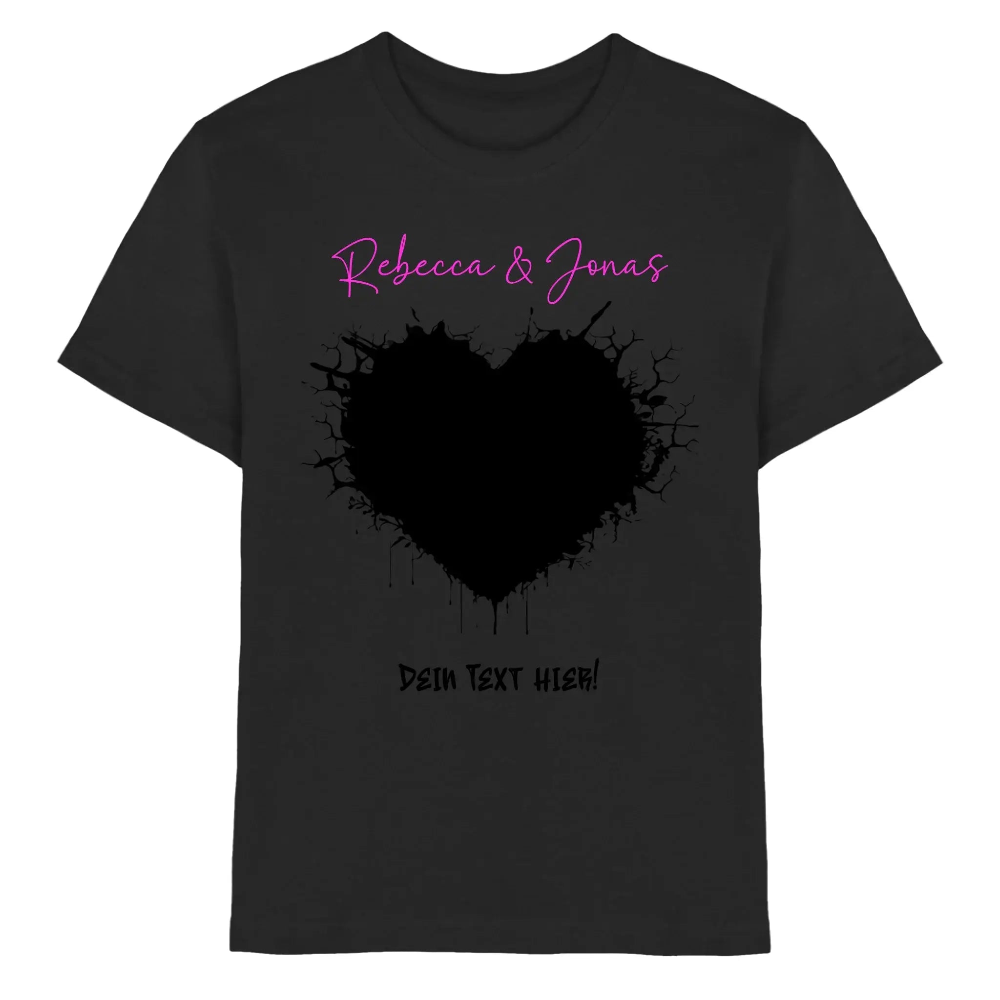 Schwarzes baumwoll-tshirt mit fettem schwarzem herz und rosa schrift rebecca & jonas aus der statement-collection wildes herz