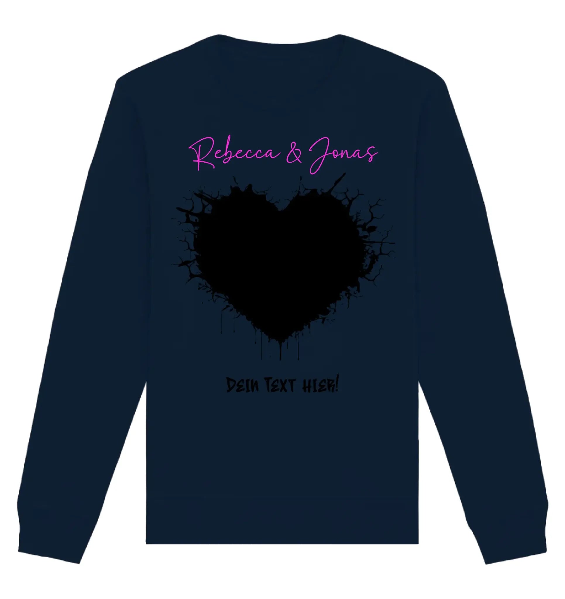 Navyblaues langarmshirt mit schwarzem tintenspritzherzdesign und pinkem kursivtext von wildes herz statement collection