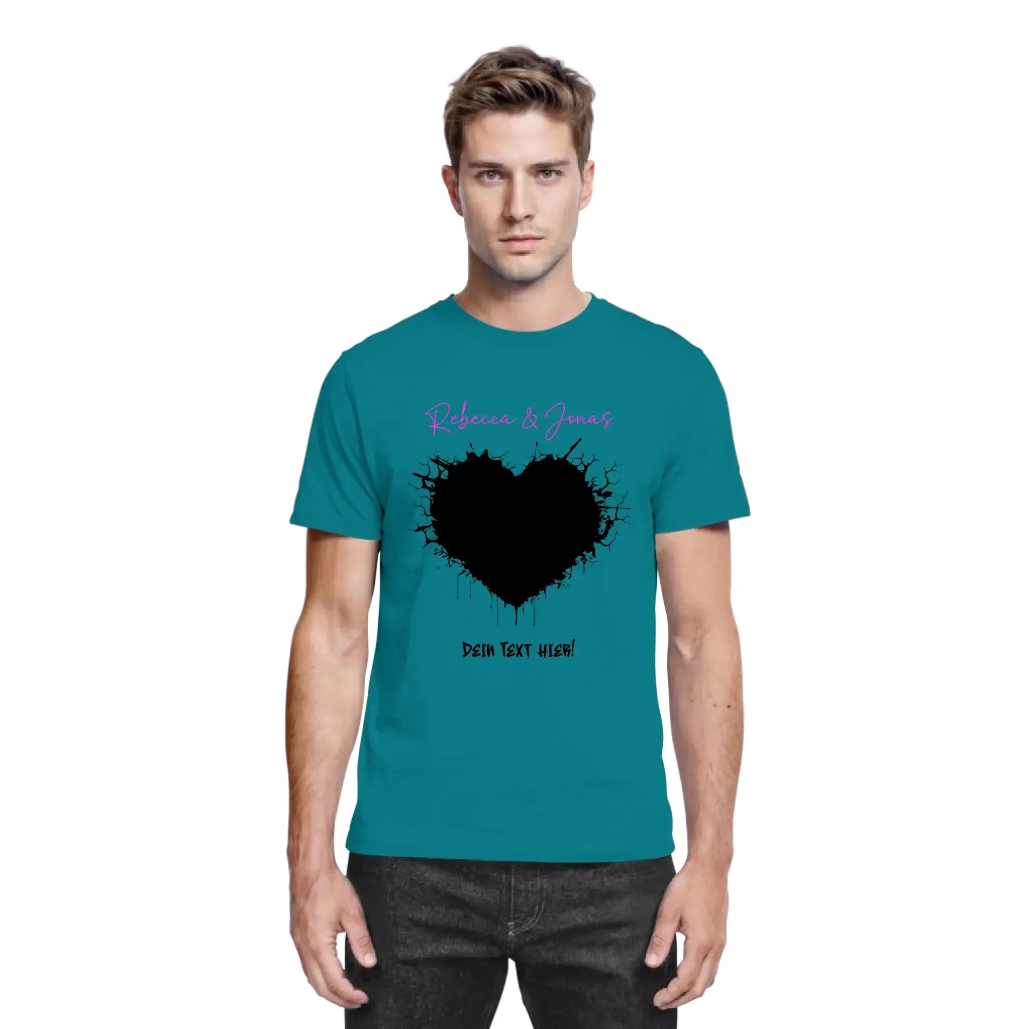 Petrolfarben Baumwoll-T-Shirt mit schwarzem gespritztem herz und lila schwarzem text aus der statement-collection wildes herz