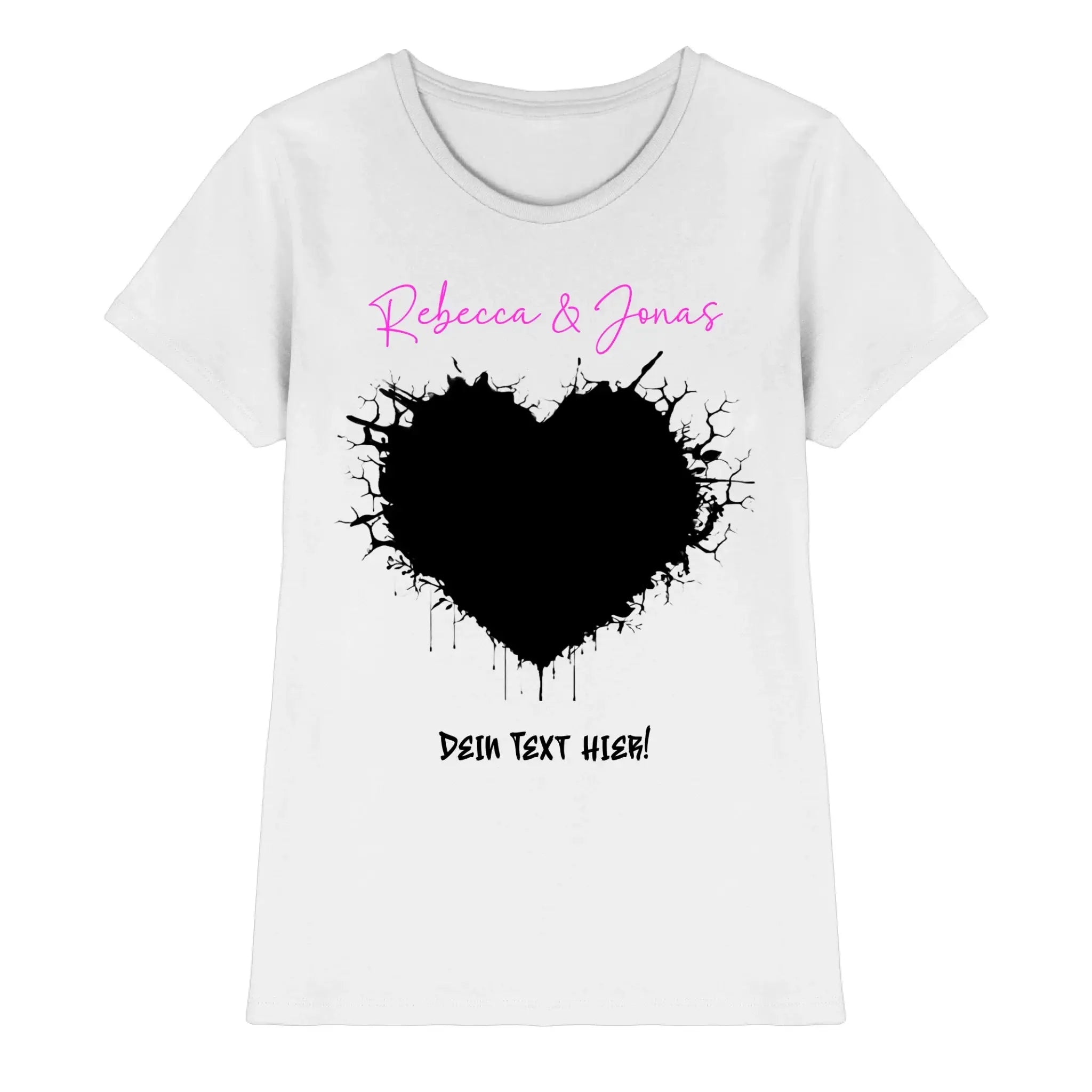 Weißes damen t-shirt mit schwarzem herz und pinkem rebecca und jonas text aus statement-collection wildes herz