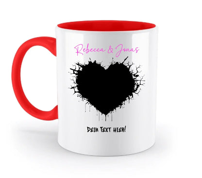 Weiße keramiktasse mit rotem griff und innenfarbe schwarzes gesprenkeltes herz und rosa schrift wildes herz statement collection