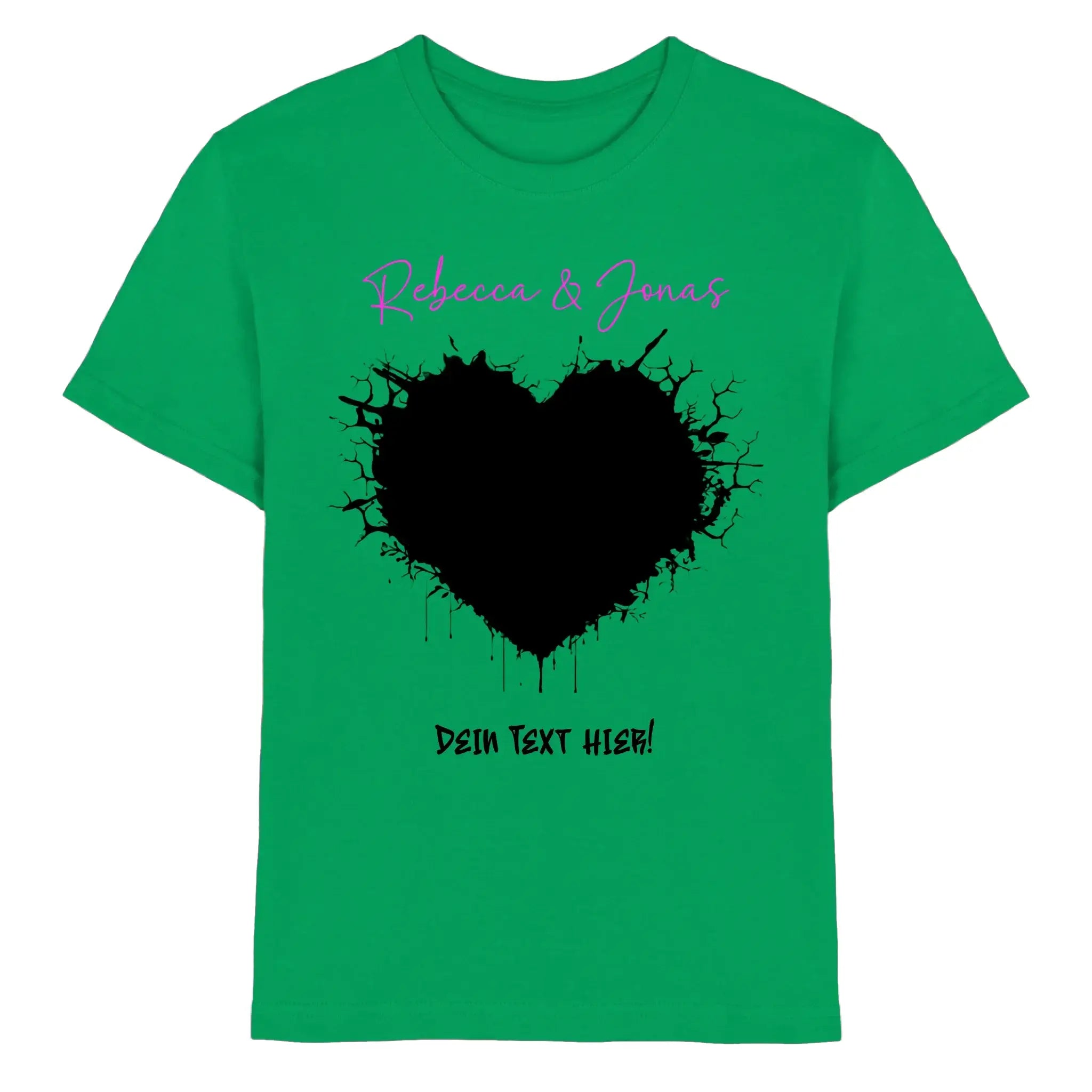 Grünes cotton t-shirt mit schwarzem herz splatter und lila wunschtext aus der statement kollektion wildes herz