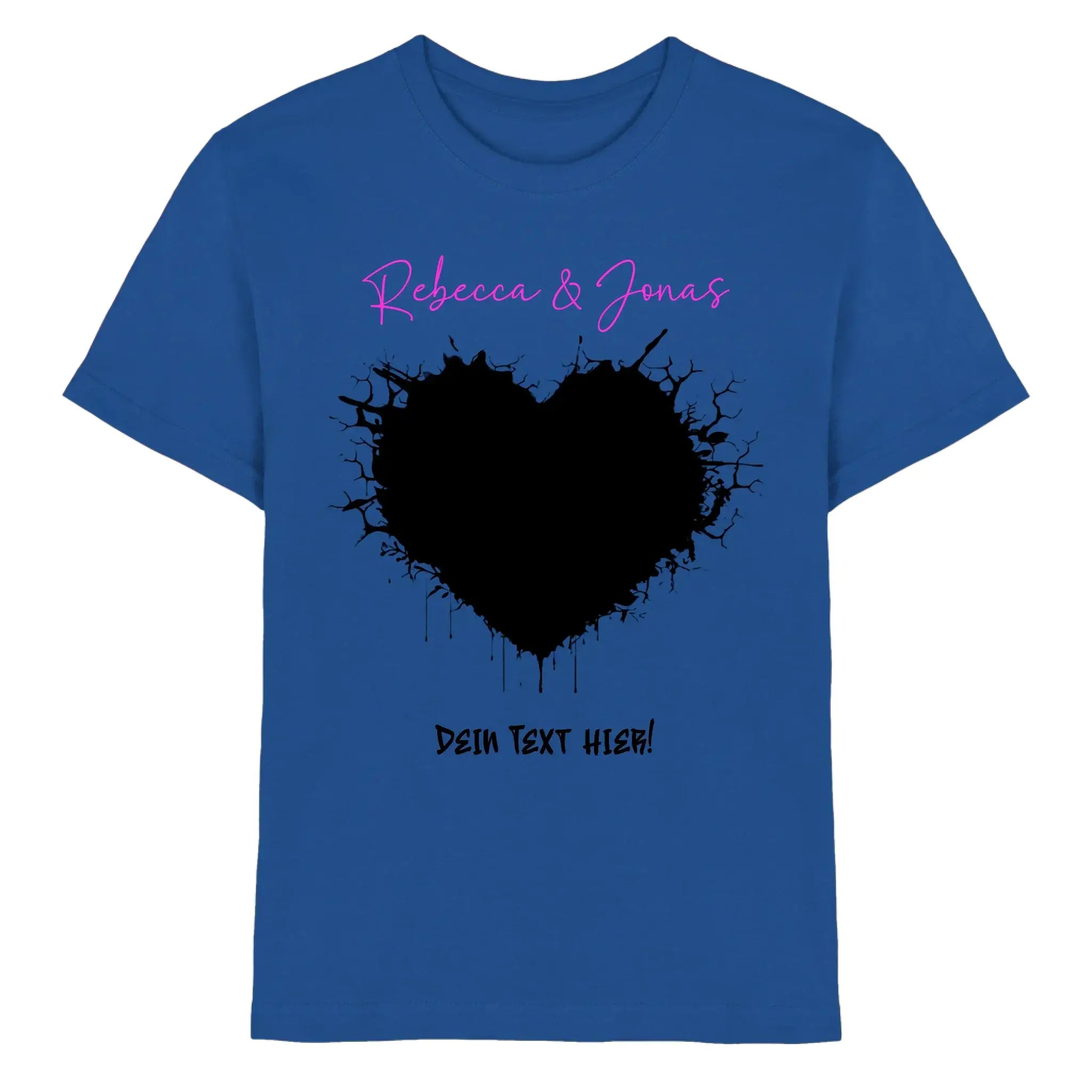 Royalblaue cotton t shirt mit schwarzem herz und pinkem schriftzug aus der wildes herz statement collection