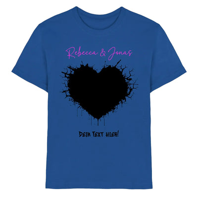Royalblaue cotton t shirt mit schwarzem herz und pinkem schriftzug aus der wildes herz statement collection