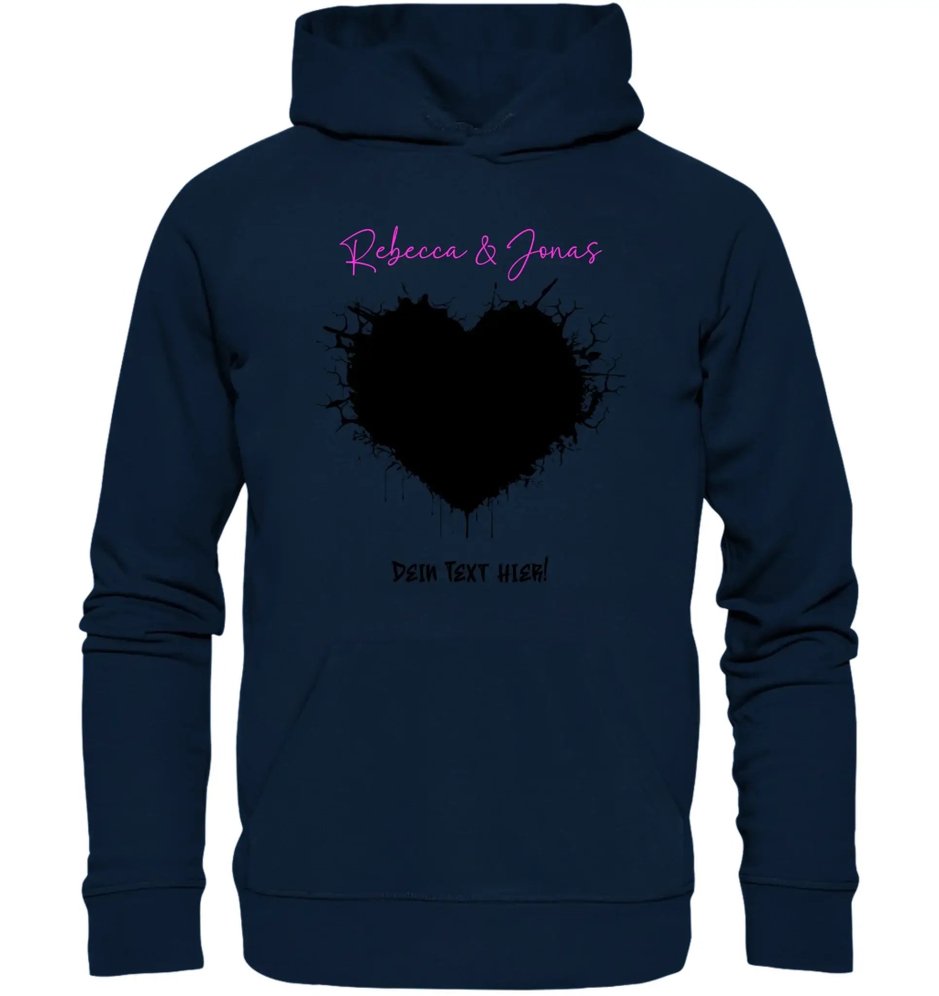 Navyblaue hoodie mit schwarzem splatter herz und pinkem kalligraphie text aus der statement collection wildes herz