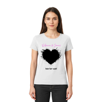 Weiße baumwoll t shirt mit schwarzem klecks herz und pinkem kursivtext aus der statement collection wildes herz
