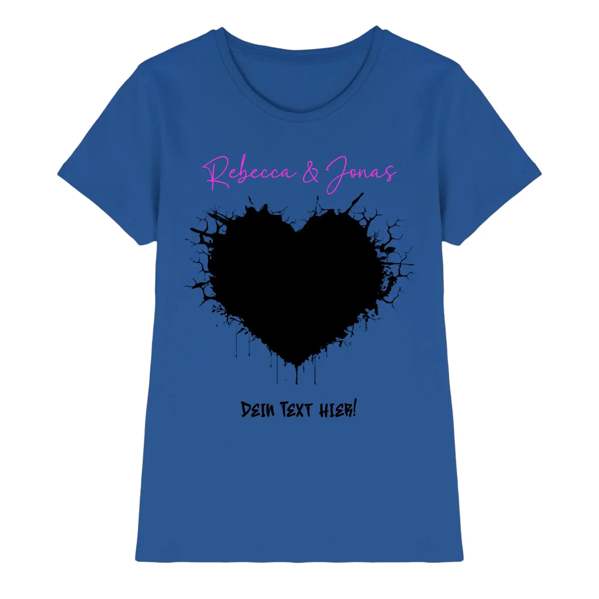 Blue damen t shirt mit schwarzem splatter herz und pinkem cursiv text aus der wildes herz statement collection