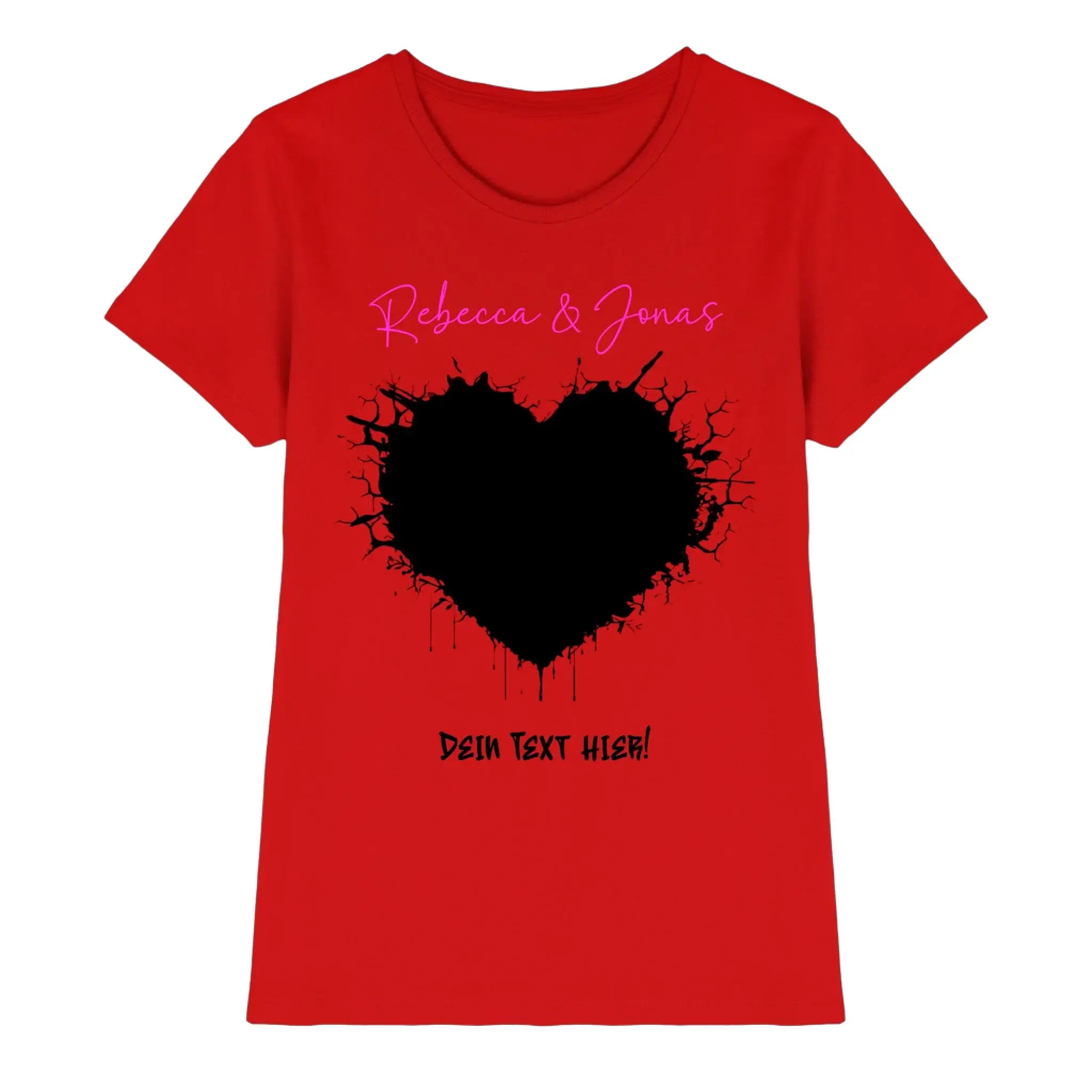 Rotes damen t shirt mit schwarzem gespritztem herz und rosa schrift aus der statement collection wildes herz