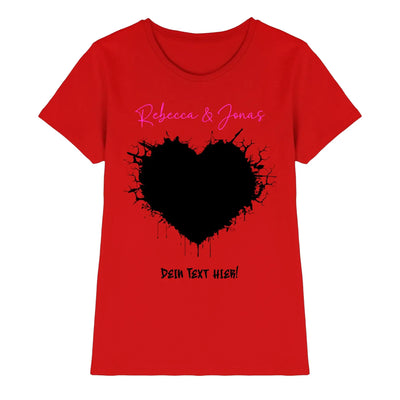 Rotes damen t shirt mit schwarzem gespritztem herz und rosa schrift aus der statement collection wildes herz
