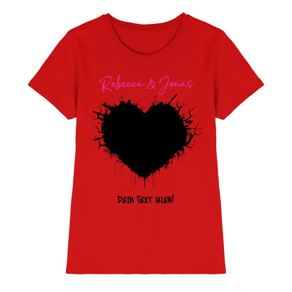 Rotes damen t shirt mit schwarzem gespritztem herz und rosa schrift aus der statement collection wildes herz
