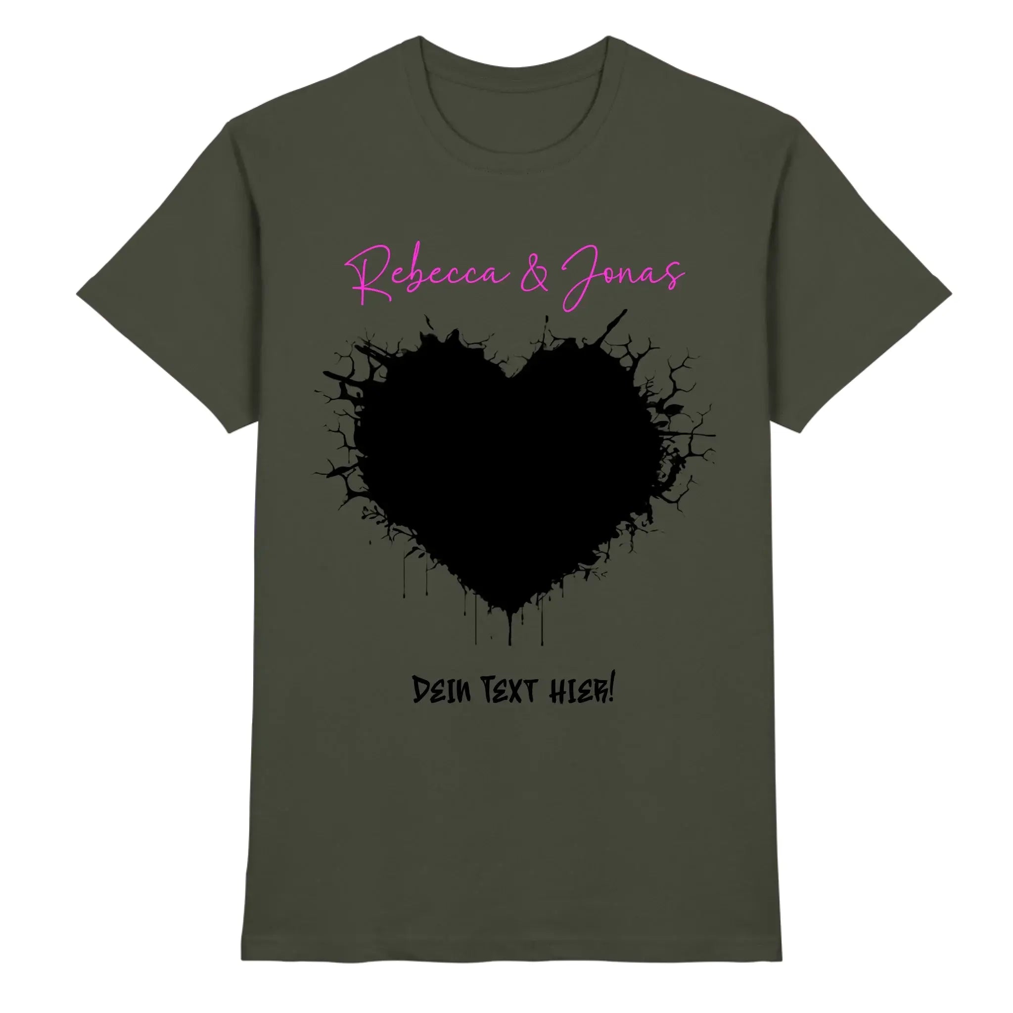 Olivegrünes baumwollshirt mit schwarzem tintenherz und pinker kursivschrift aus der statement-collection wildes herz