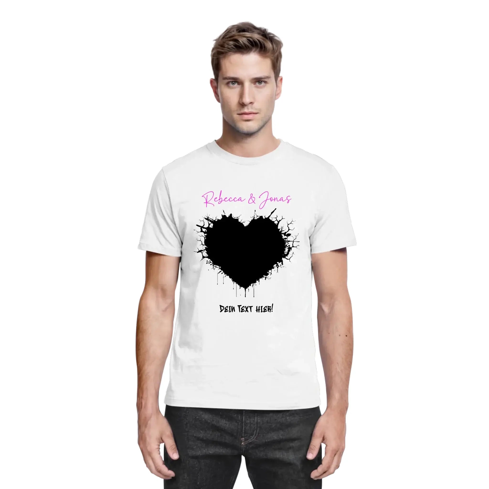 Weißes baumwoll t shirt mit schwarzem gesprenkeltem herz und pinkem kursivtext aus der statement collection