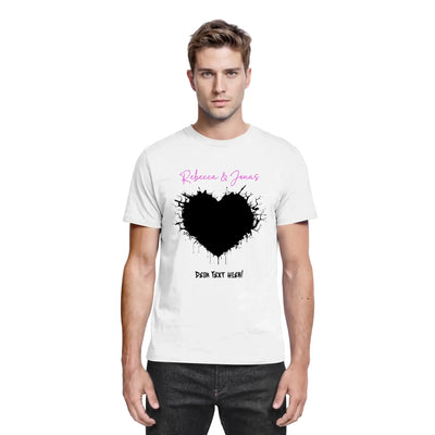 Weißes baumwoll t shirt mit schwarzem gesprenkeltem herz und pinkem kursivtext aus der statement collection